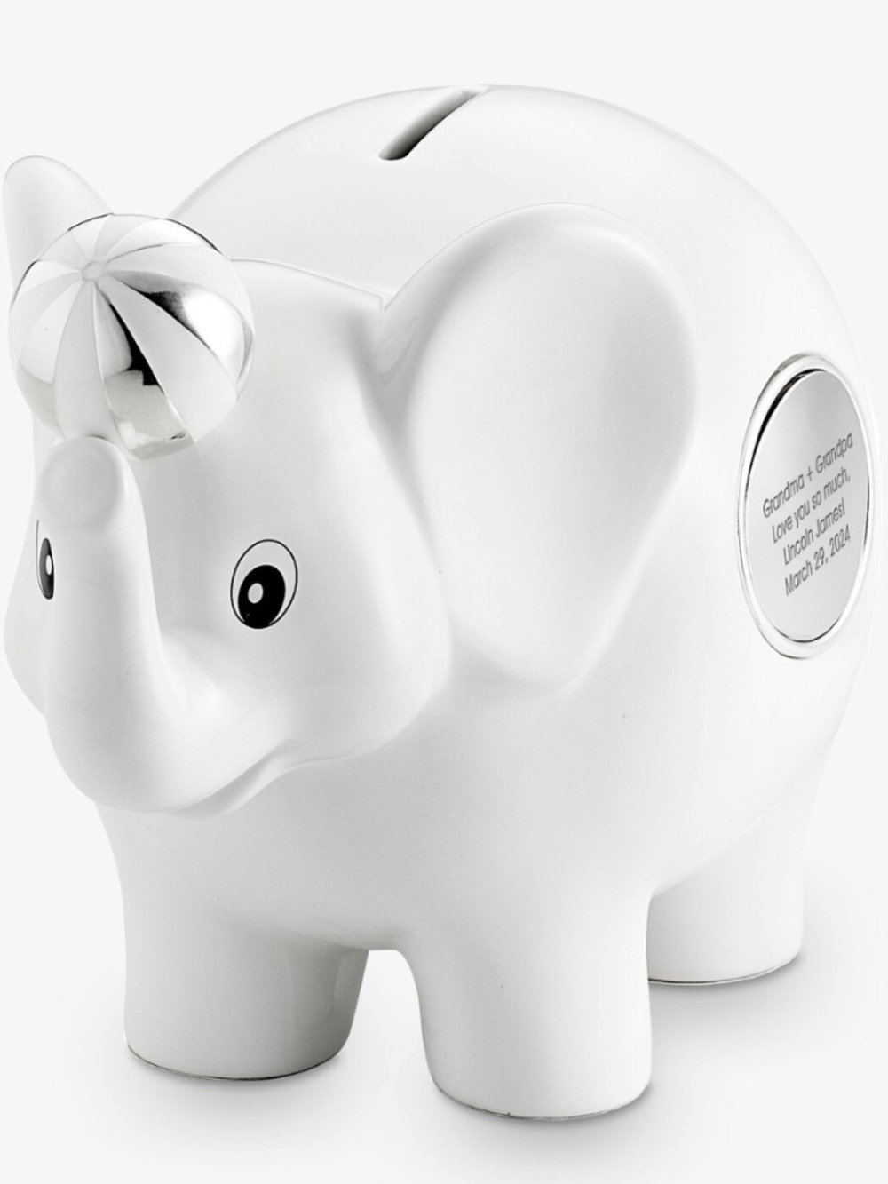Things Remembered White Ceramic Elephant Piggy Bank Silver Ball Nursery Decor